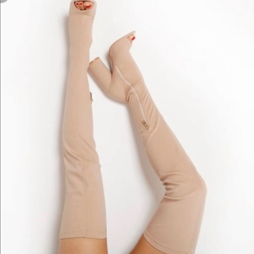 EGO over the knee tan stretchy boots with peep toe round 4”heels size7
